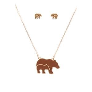 Mama Bear Necklace Earring Set Leather